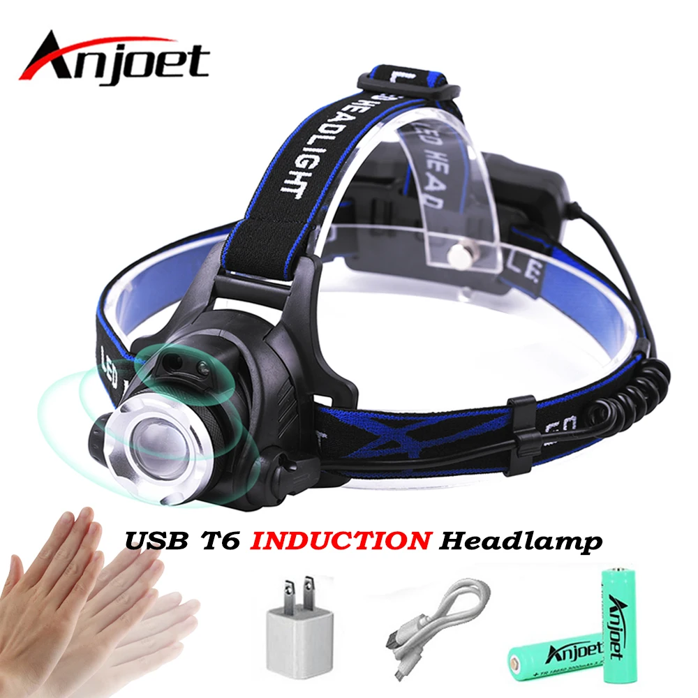 

Anjoet Induction zoom headlamp IR Sensor XML t6 led headlight waterproof flash light head torch USB head lamp 18650