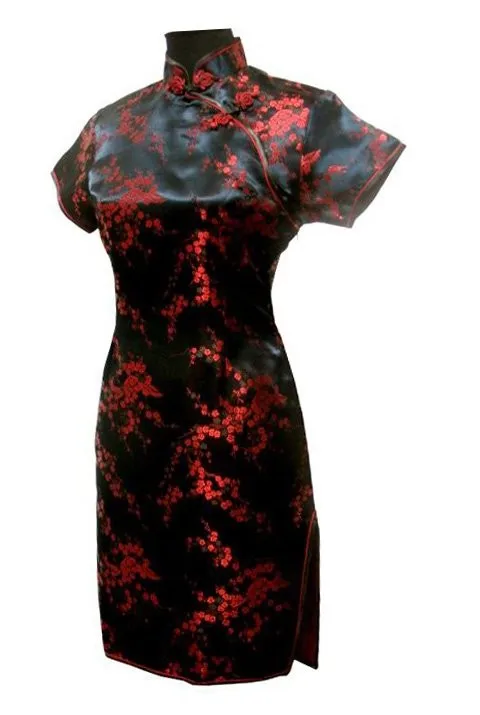 Qipao chino tradicional negro para mujer, Sexy Vestido corto, Mini Cheongsam hecho a mano, botón de flor, talla grande 3XL, 4XL, 5XL, 6XL