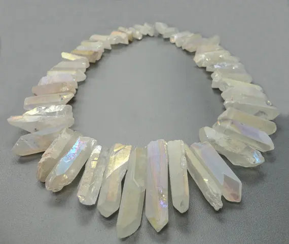 48Pcs/Strand Slab Rainbow Crystals Stick Points Beads Bulk,Drilled White Mystic Titanium Quartz Pendants