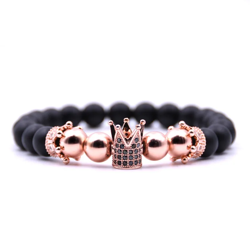 Ncrorcn Trendy Natuurlijke Kralen Streng Armband Micro Pave Zirkoon Black Lava Rock Steen Energie Mannen Crown Armbanden Sieraden