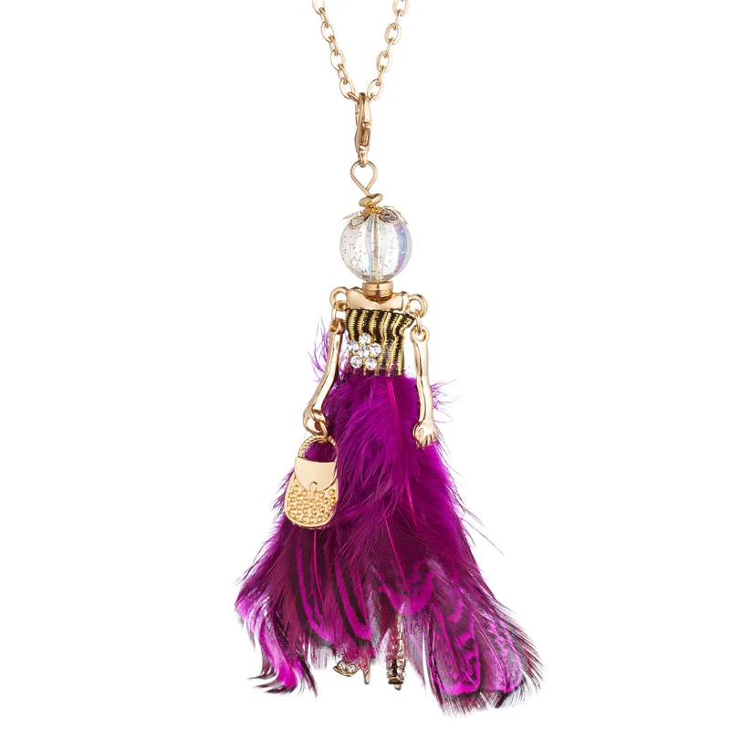 Rhinestone Feather Long Dress Dancing Girl Statement Necklace Paris Girl Doll Pendant Long Chain Necklace For Women Maxi Jewelry