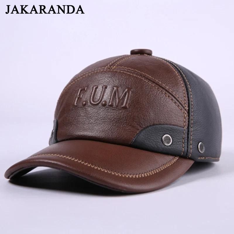 

RY153 Winter Genuine Leather Patchwork Baseball Caps For Men Golf Peaked Dome Hats Male Letters Adjustable Ear Warm Casquette