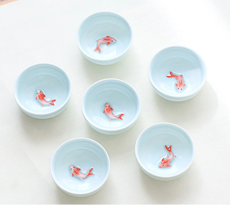 6pcs Celadon 3D Golden Fish China tea cup set,Kung Fu Tea Cup Set Crackle Glaze Travel Tea Bowl Chinese Porcelain Teacup Set