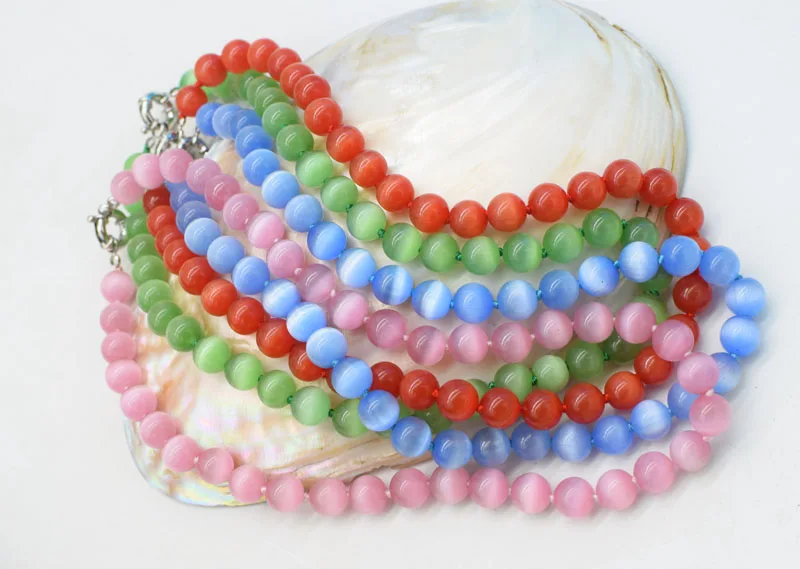 cateye Agate round pink blue green red colors necklace stone beads 10mm  18