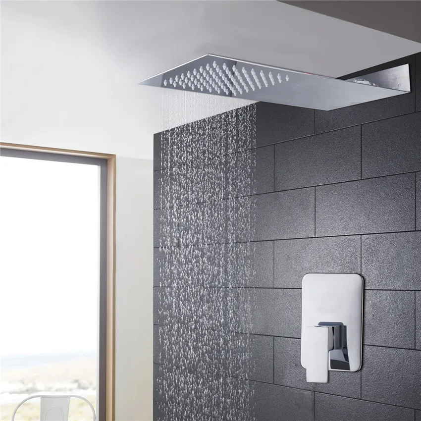 

bathroom shower faucet set bar shape super thin brass body rainfall shower head and a brass body control valve shower set