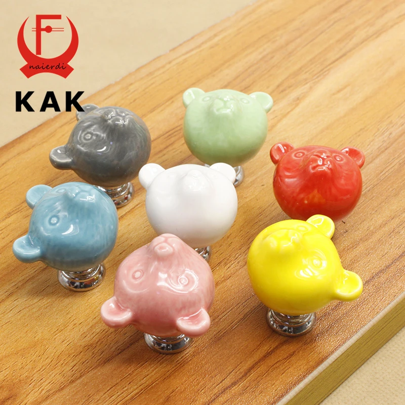 KAK Ceramic Bear Drawer Knobs 3D Cartoon Cabinet Cupboard handles Novelty Creative 7 color Fashion Furniture Handles Hardware