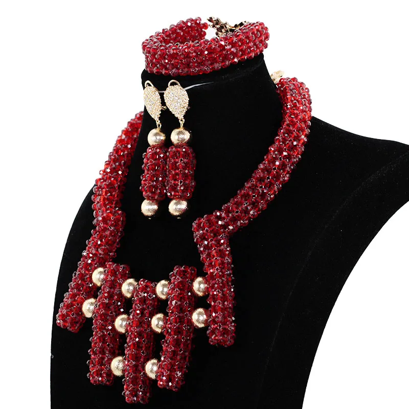 Trendy African Chunky Jewelry Sets Fantastic Burgundy Wine Bib Beads New Bridal Statement Crystal Necklace Set for Women ABH572