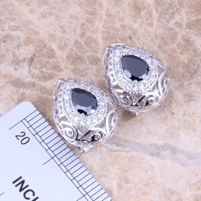 Pleasant Black Cubic Zirconia White CZ Silver Plated Earrings Pendant Necklace Jewelry Sets S0739