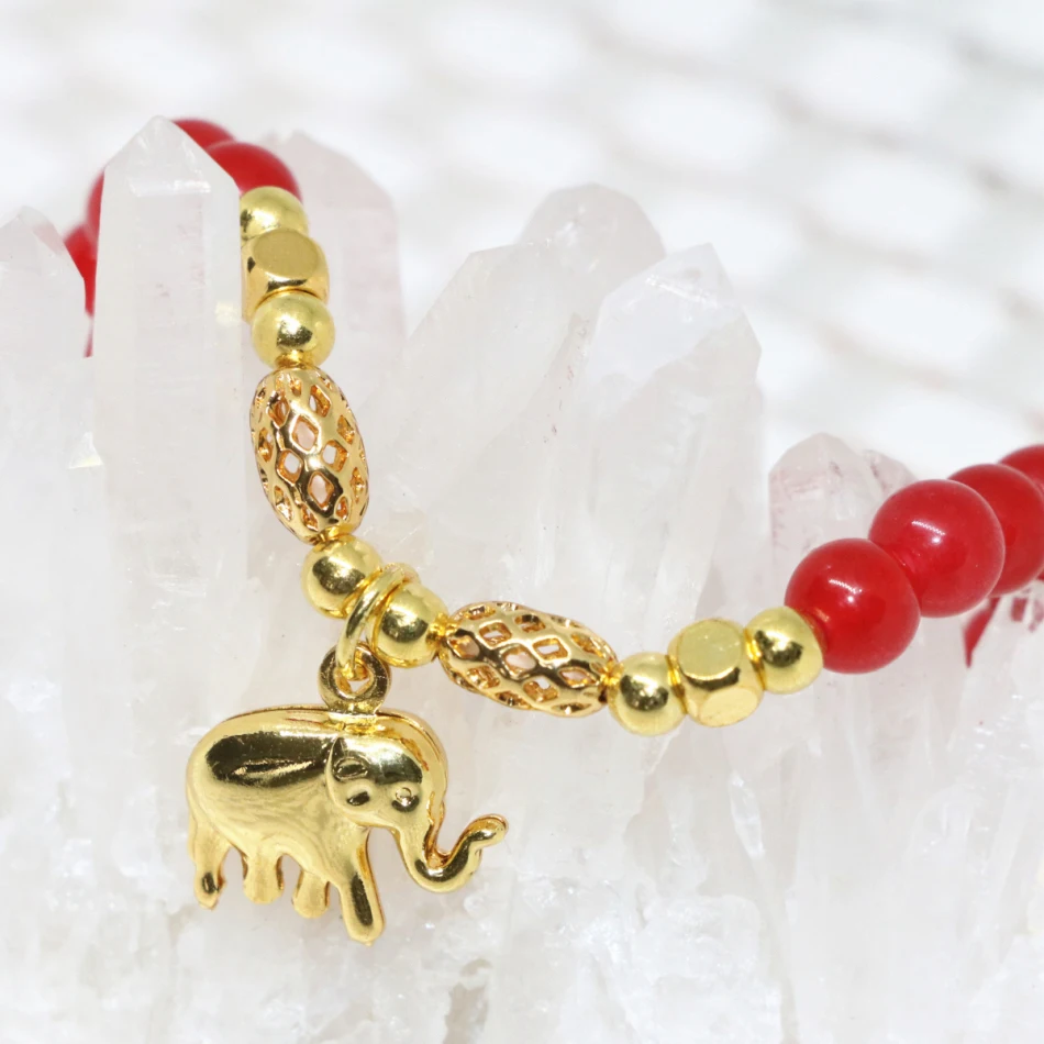 Hot sale strand bracelet natural red chalcedony jades round 6mm beads stone gold-color elephant pendant jewelry 7.5inch B1946