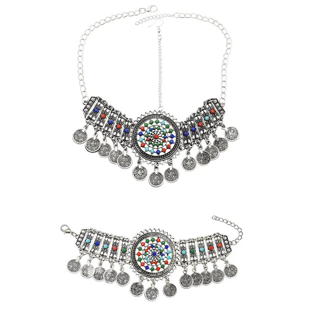 Pakistan Ethnic Colorful Bead Coin Headpiece Necklace Earrings Bracelet Set for Women Afghan Indian Moroccan Traditional Jewelry