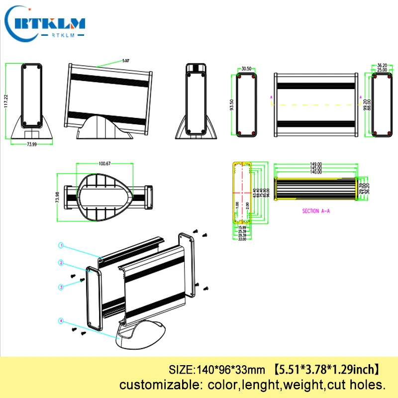 Aluminum enclosure extruded DIY junction box handheld electronic project box outlet switch desktop enclosure 140*96*33mm