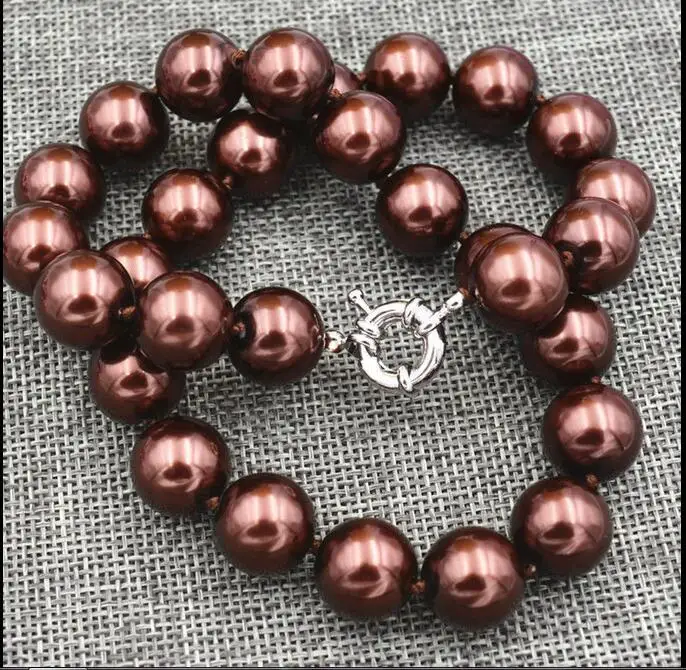 

Woman classic jewelry necklace 12mm round bead brown chocolate Natural SOUTH SEA SHELL PEARL NECKLACE 18'' 45cm