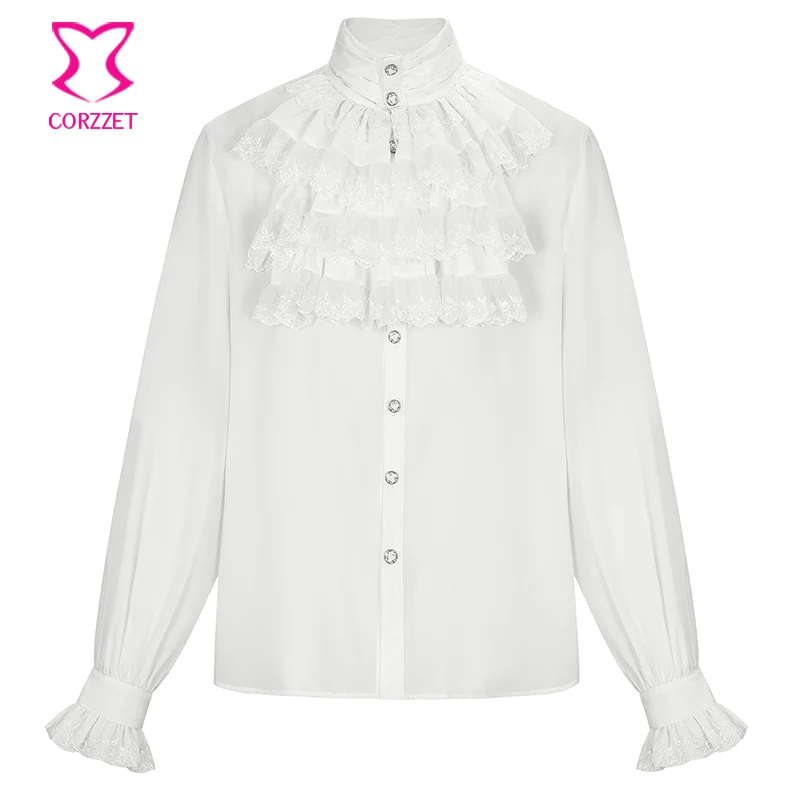 

White Chiffon&Lace Layered Ruffles Stand Collar Lantern Sleeve Victorian Shirt Men Medieval Costume Vintage Gothic Clothing 6XL