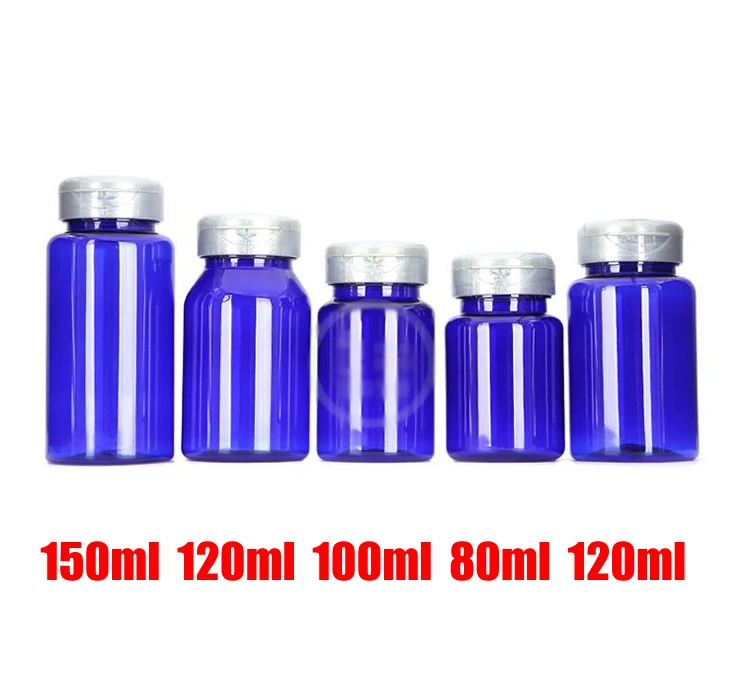 100pcs Blue Color Medicine PET Bottles,Capsules/Pills/Powder/Vitamin Plastic Bottles -- Golden Flip Caps 80ml/100ml/120ml/150ml