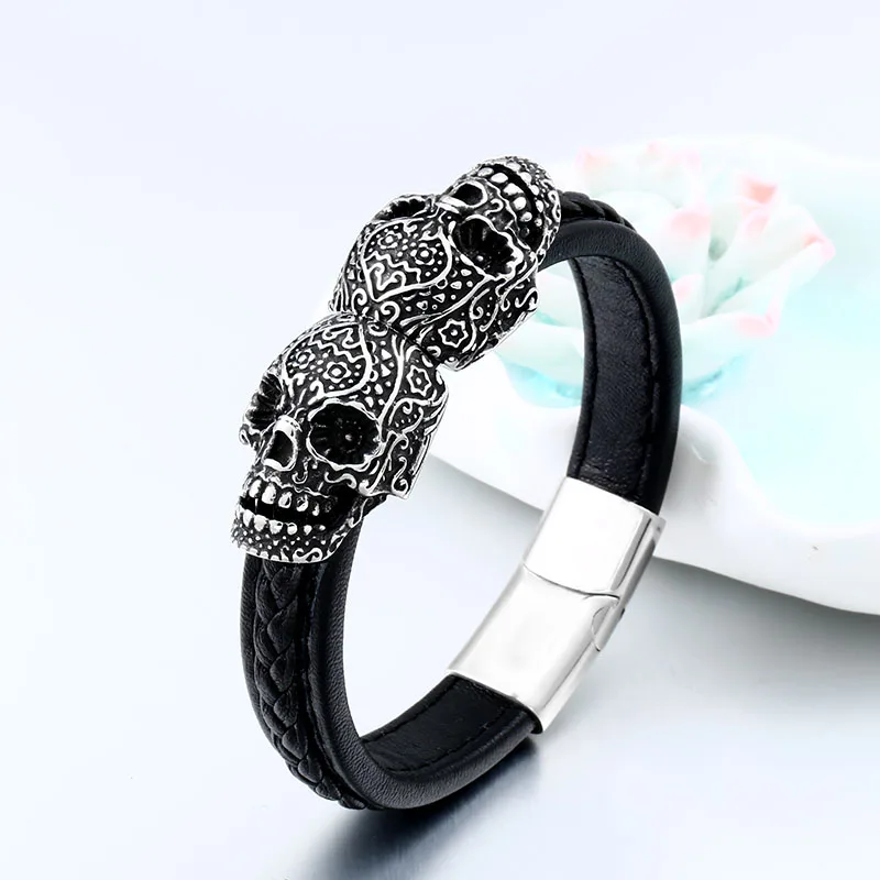 BEIER Cool Punk Double Skull Bracelet For Man 316 Stainless Steel love Bangle Man\'s High Quality Leather Jewelry BC-L024