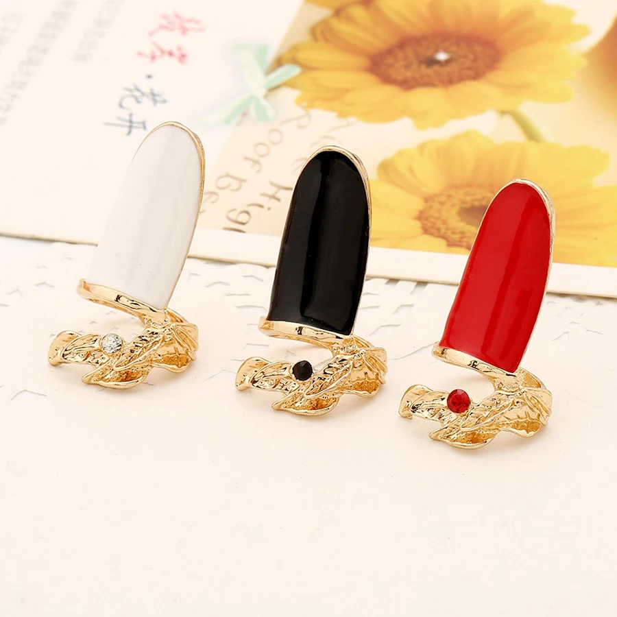 Korean Love Long Rings for Women Accessories Rhinestone Leaf Enamel Red White Black Nail Rings Fashion Cute Girl Friendship Gift