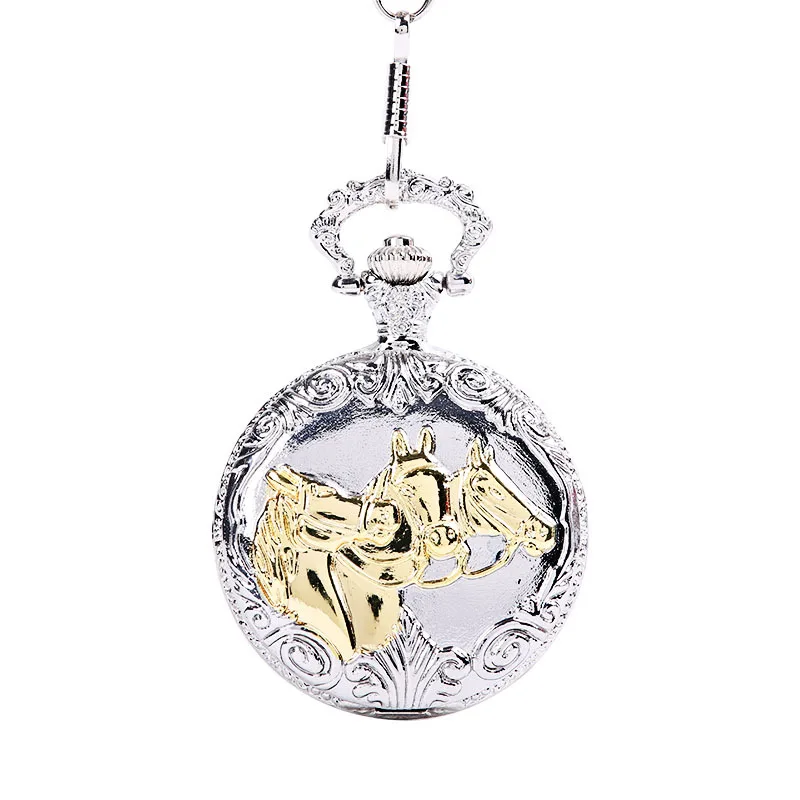 Siliver and golden  Horse Quartz Pocke Watch Running Pattern Gold Hollow Necklace Pendant Vintage Chinese Animal