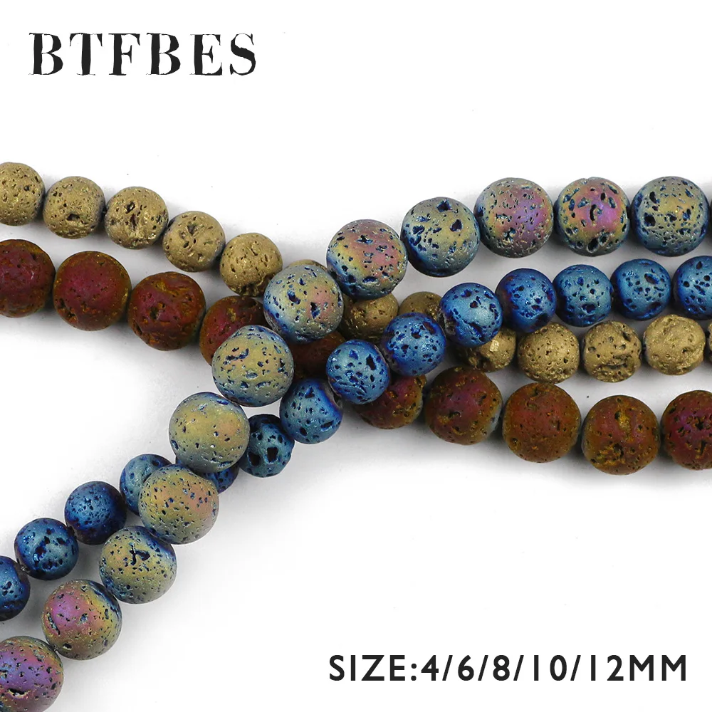 BTFBES Plating Multicolor Optional Lava Beads 4 6 8 10 12mm Volcanic Rock Natural Stone Loose beads DIY Jewelry Bracelet Making