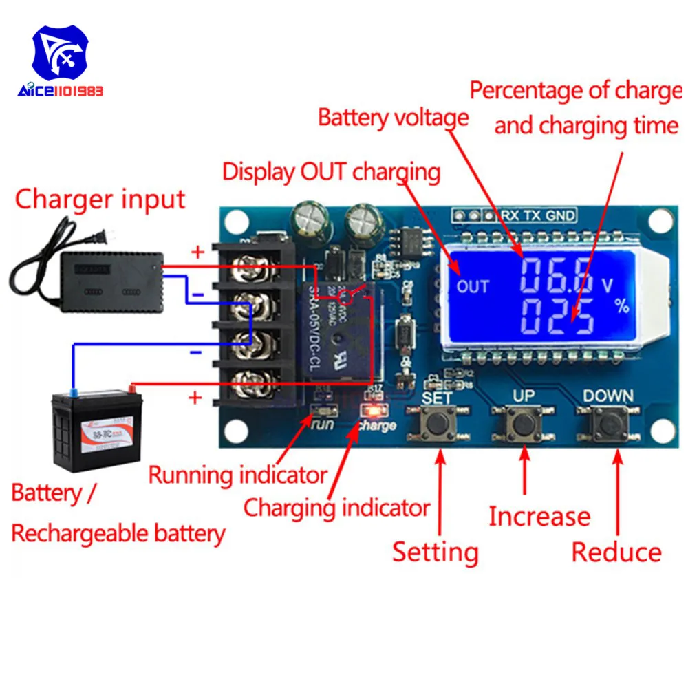 Lithium Battery Charge Controller Protection Board Auto Charging/Cycle Charge/Limited Time Charge Switch Relay LCD Display 6-60V