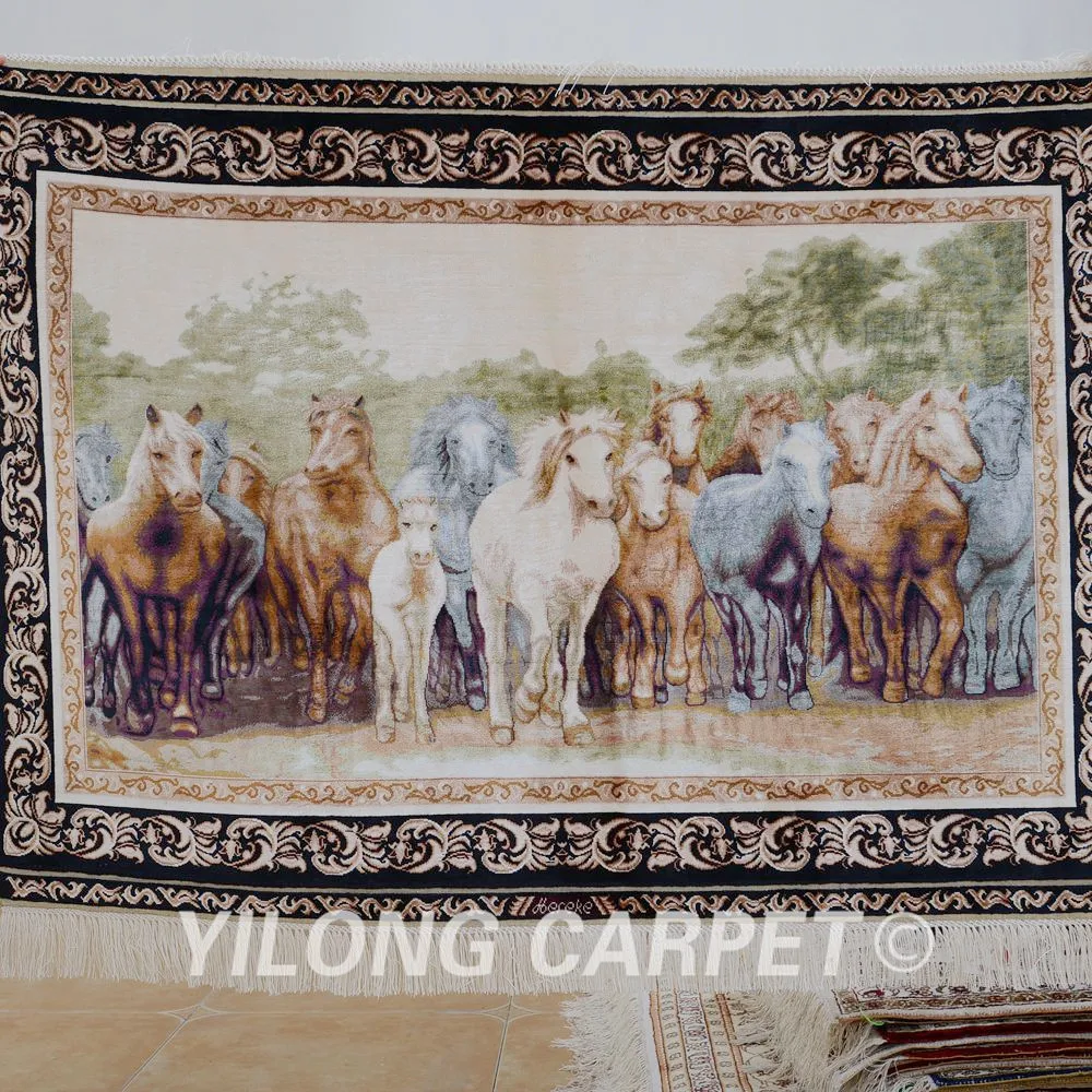 Yilong 3'x4' Antique horse design silk carpet exquisite persian tapestry rugs (1201)