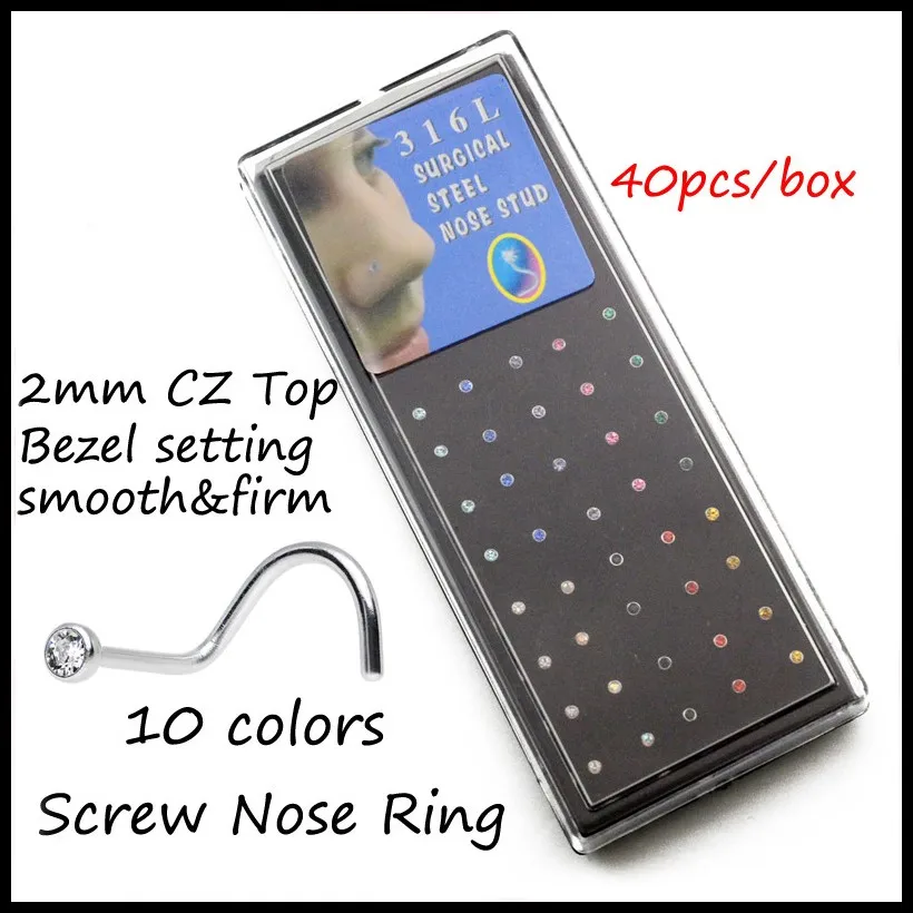 Lot of 40pcs 316l Surgical Steel Hollow Heart Screw Nose Bone Piercing With L Shape Mixed Clear Colors Nose Stud Rings Jewelry