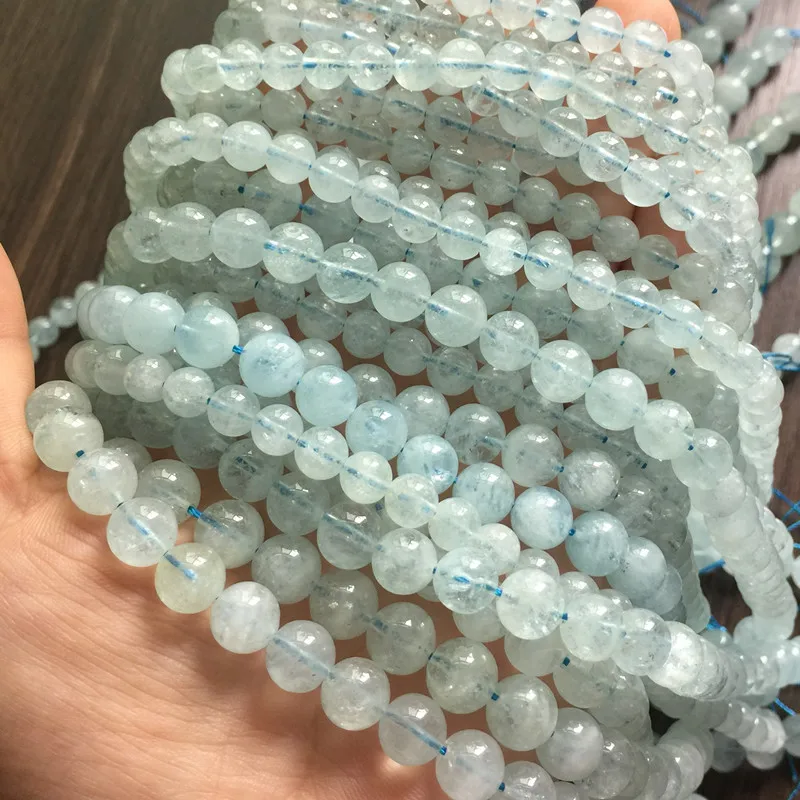 Good Quality Not Glass Natural Blue Aquamarine Stone Beads Round Smooth Crystals For DIY Making Earrings Bracelet Jewelry