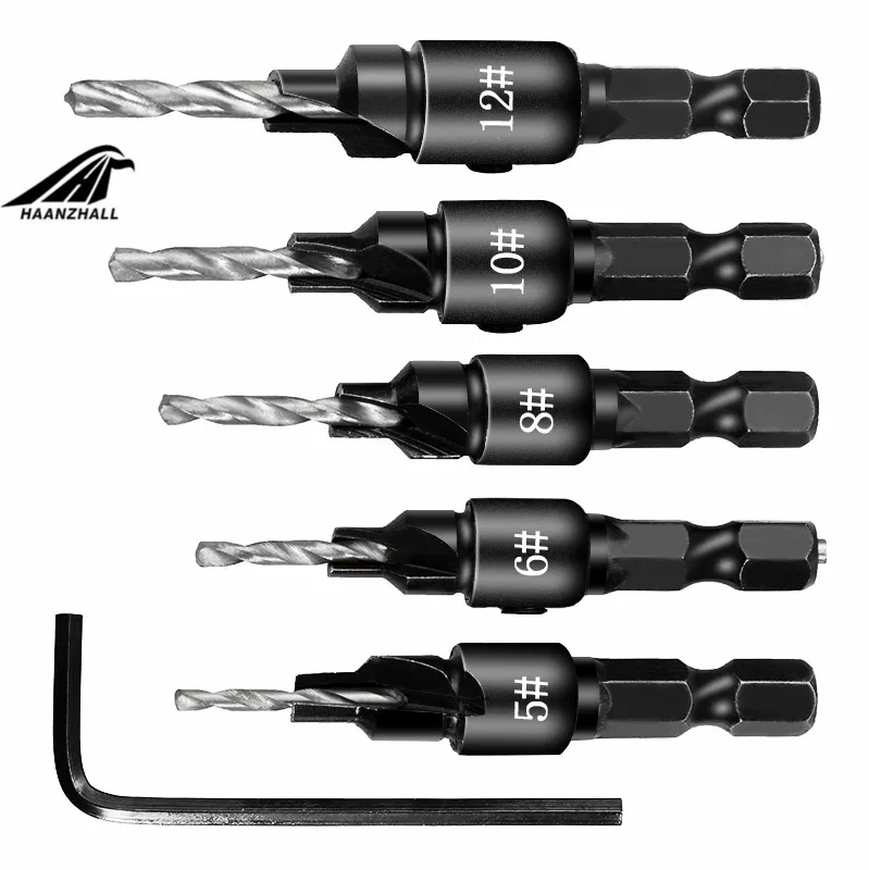 Taladro avellanador de 4/5 piezas, juego de taladros para carpintería, orificios piloto para tornillos, tamaños #5 #6 #8 #10 #12