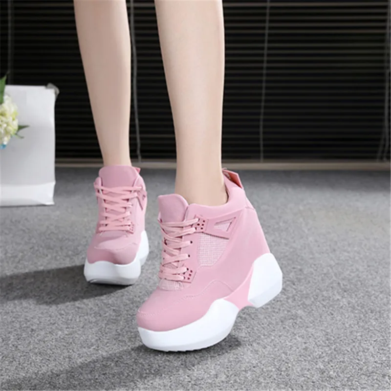 2022 Women\'s High Platform Shoes Breathable PU Shoes Women Height Increasi Shoes 12CM Wedges Thick Sole Trainers Ladies Sneakers