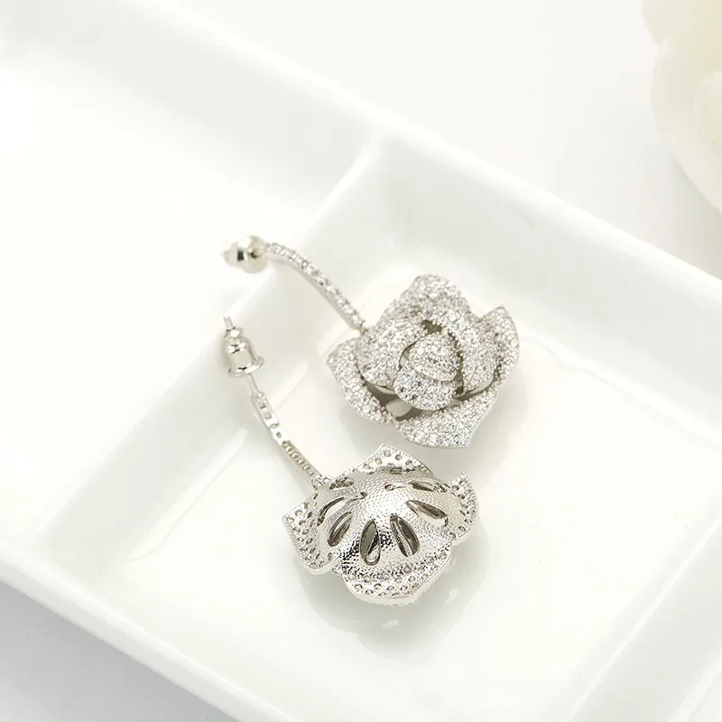 FXLRY New Design Romantic White CZ Cubic Zircon Flower Drop Pendant Necklace And Earrings Jewelry Set Jewelry