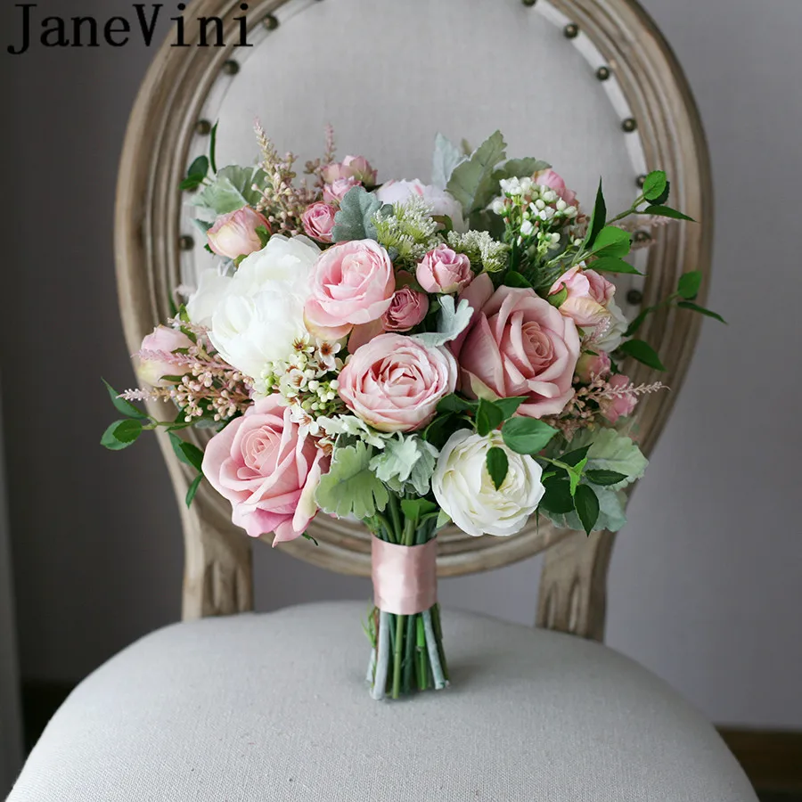 JaneVini Vintage Blush Pink Roses Bridal Handle Bouquets Artificial Flowers Bridesmaid Wedding Bouquet De Fleurs White Brooch