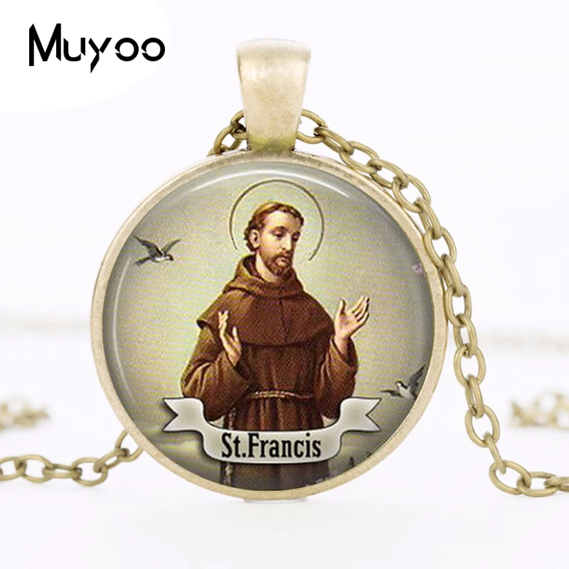 1pcs/lot St Francis Logo Necklace Pendant Saint Charm Art Handmade Round Vintage Bronze Necklace Women Jewelry Men Gift HZ1