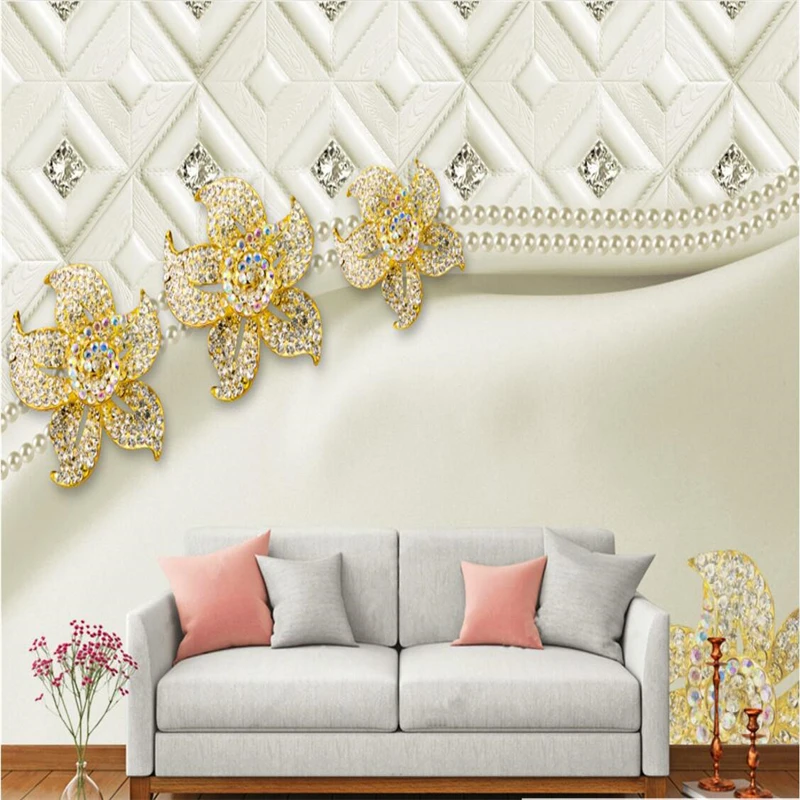 

Custom Photo Wallpaper Mural Wall Sticker 3D Pearls Diamond Soft Bags TV Walls Fancy Flowers papel de parede home decoration