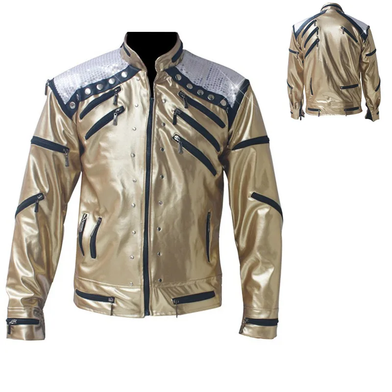 

Rare PUNK Rock Motorcycle Classic MJ MICHAEL JACKSON Costume Beat it Golden Zipper Jacket For Fans Imitator Best Gift