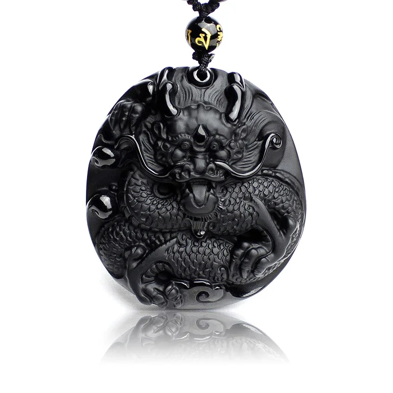 Natural Black Obsidian Carved Big Round Dragon Pendant Necklace Fashion Men Women Lucky Pendant Large Raptors Evil Accessories