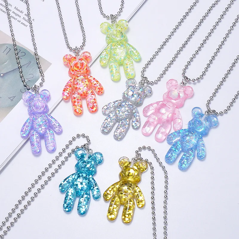Jelly Resin Bear Pendant Necklace Women Cute Girls Beads Chain Choker On Neck Jewelry Party Friends Gift