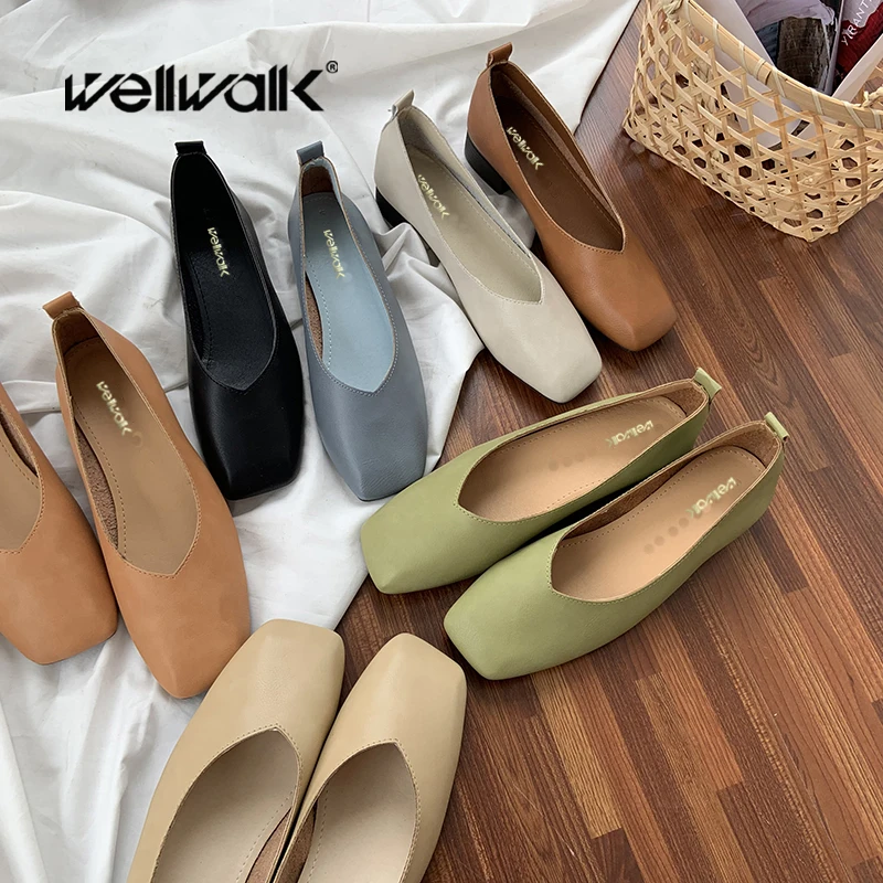 Wellwalk Flat Korean Shoes Women Square Toe Ballerinas Ladies Leather PU Loafers Female Spring Shoes Foldable Moccasins Simple