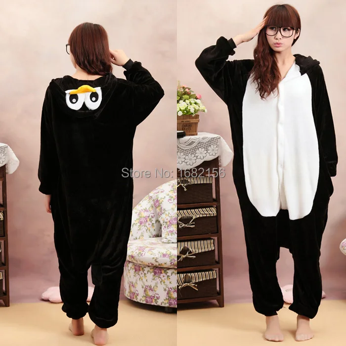 Kigurumi czarny pingwin piżama Party przebranie na karnawał flanelowe Onesies gra Cartoon Animal Sleepwear