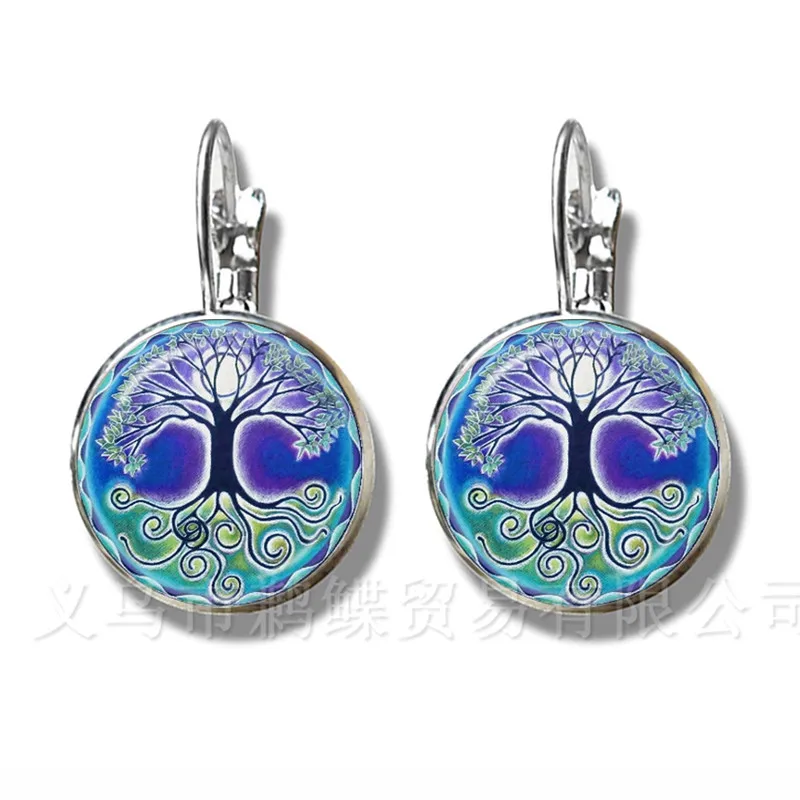 Tree Of Life Glass Cabochon Yin Yang Earrings 16mm Glass Dome Handmade Trendy Silver Plated Stud Earrings For Women Gift