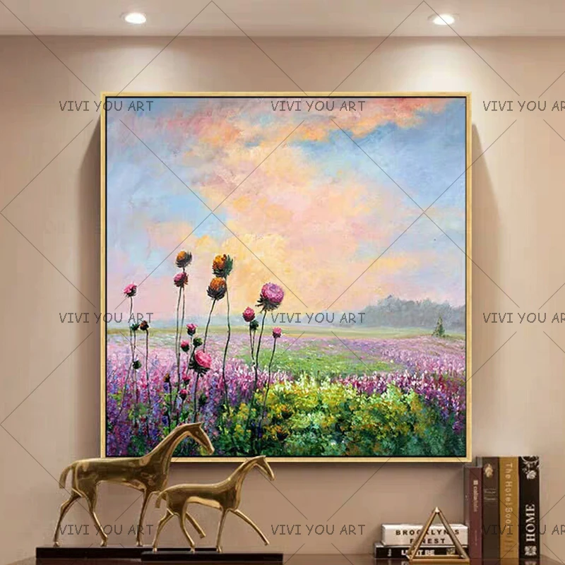 Handpainted Best Painter Team High Quality Purple Landscape Lavender Flowers Oil Painting on Canvas for Living Room