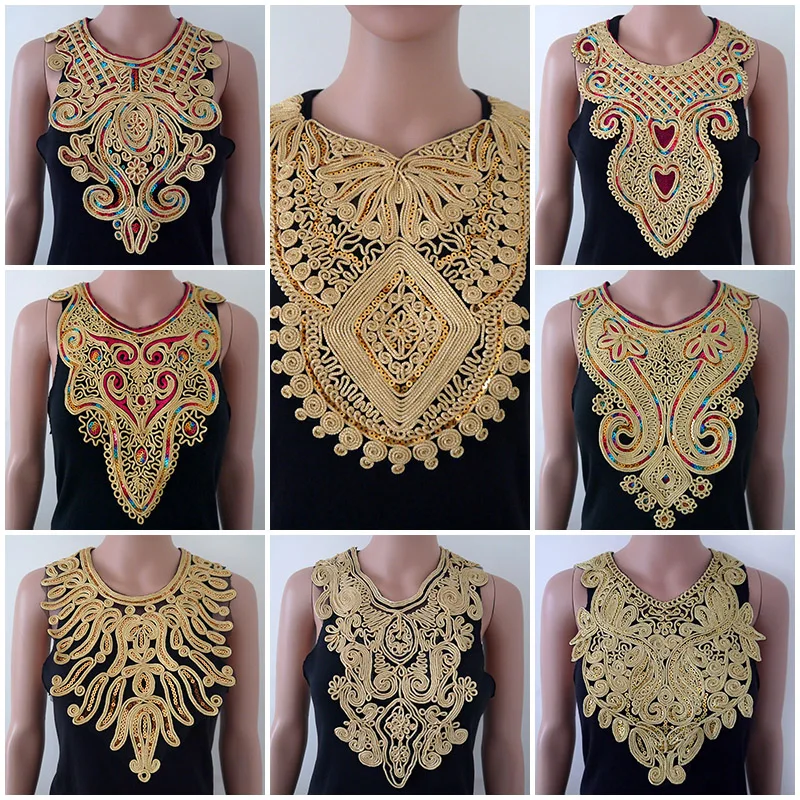 1pcs Gold collar Silver Craft Venise Sequins Floral Embroidered Applique Trim Decorated Lace Neckline Collars Sewing Accessories