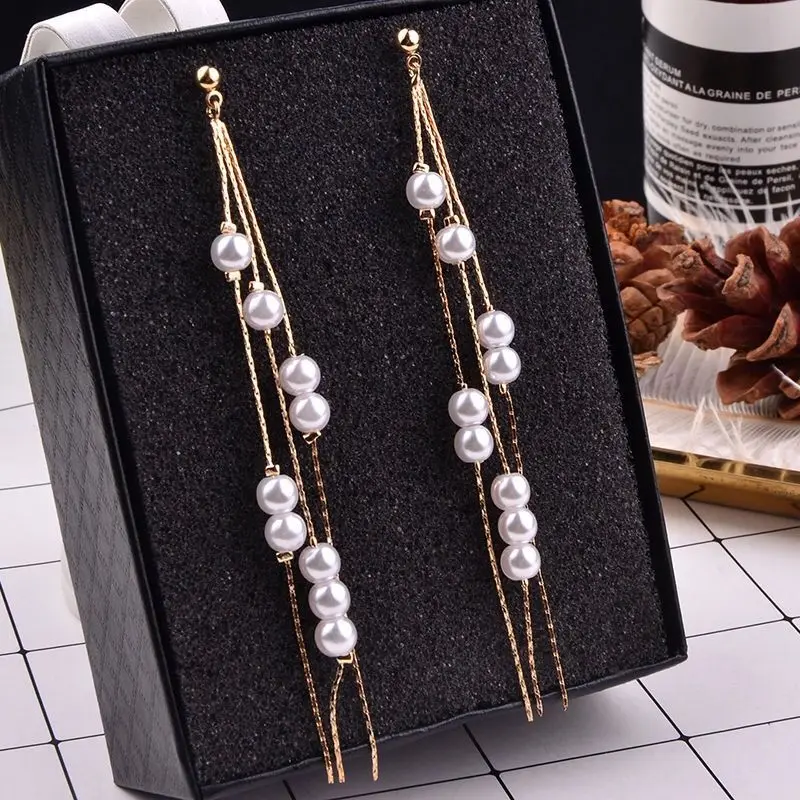 Silver Needle Korean Fashion Lady Sweet Imitation Pearl Tassel Long Earrings For Women 2019 Luxury Earrings Crystal Earrings