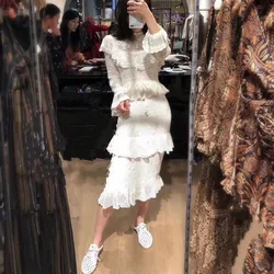 BLLOCUE High Quality New 2021 Spring Designer Runway Women's Lace Splicing Hollow Out Embroidery Irregular White Dress