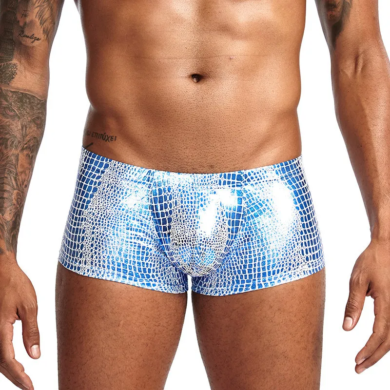 Snake Skin Leather Sexy Mens Underwear Boxers Brand Open Front Crotchless Boxer Shorts Men U Convex Low Waist Male Underpants