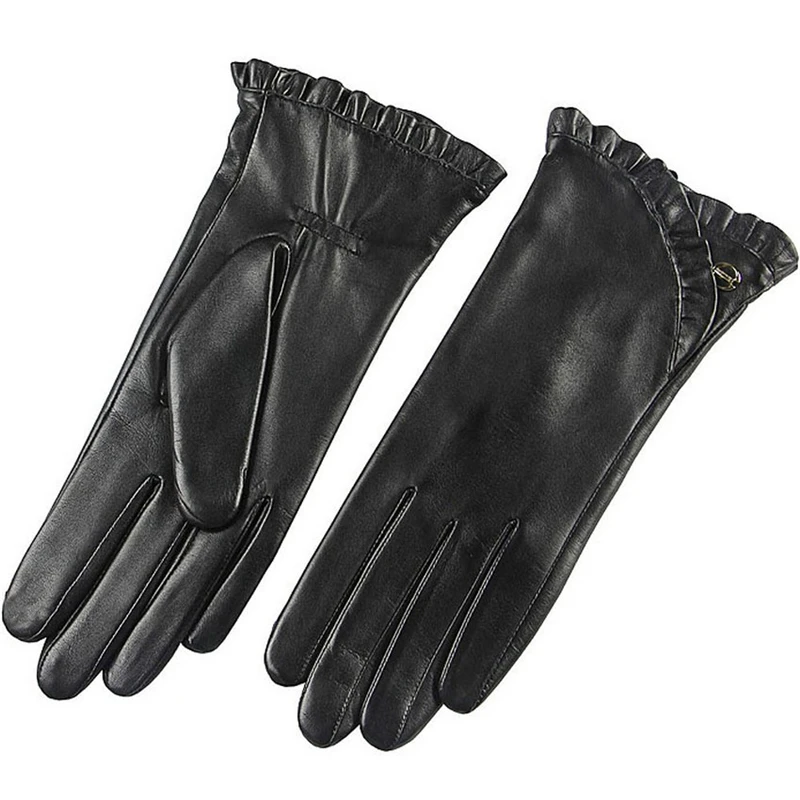 Fashion Women Sheepskin Gloves Autumn Winter Plus Warm Velvet Wrist Lace Genuine Leather Elegant Lady Driving Glove EL007NC