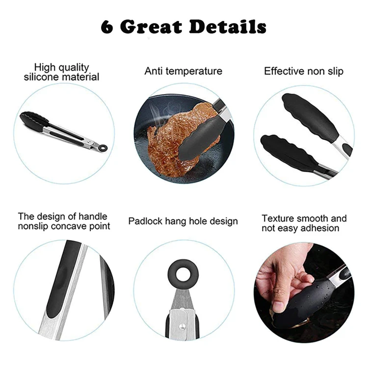 Pinze Da Cucina In Silicone E Acciaio Inox, Resistenti Al Calore Fino A 250°C, Con Chiusura, 22,9 Cm, Per Barbecue E Insalata - 2