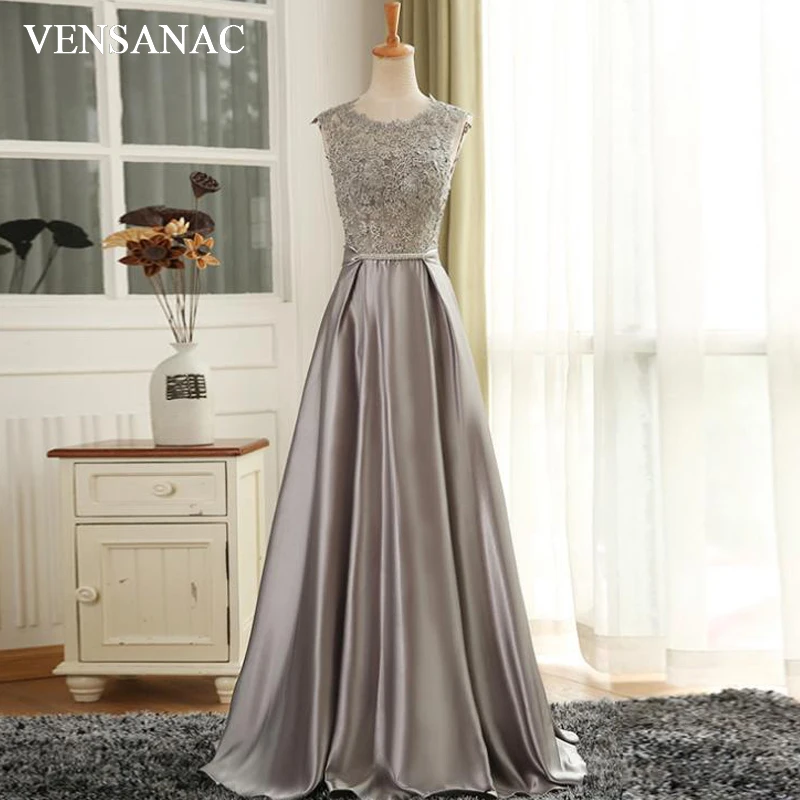 

VENSANAC 2018 O Neck A Line Lace Long Evening Dresses Elegant Party Appliques Crystal Bow Sash Backless Prom Gowns