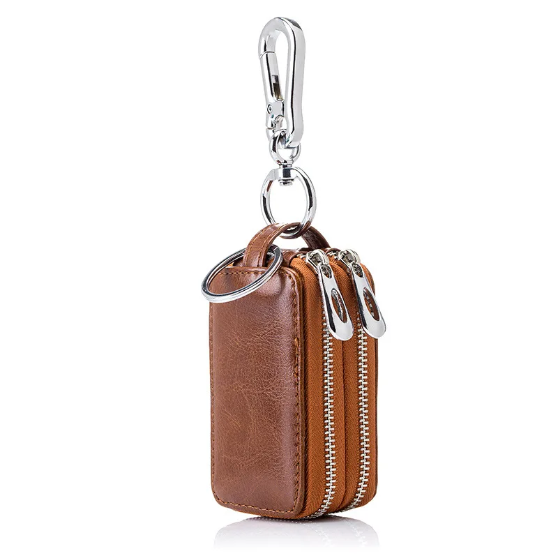 Porte-clés de voiture en cuir véritable pour hommes et femmes, double fermeture éclair, étui carré simple pour la maison, portefeuille porte-clés, gardien 007, nouveau