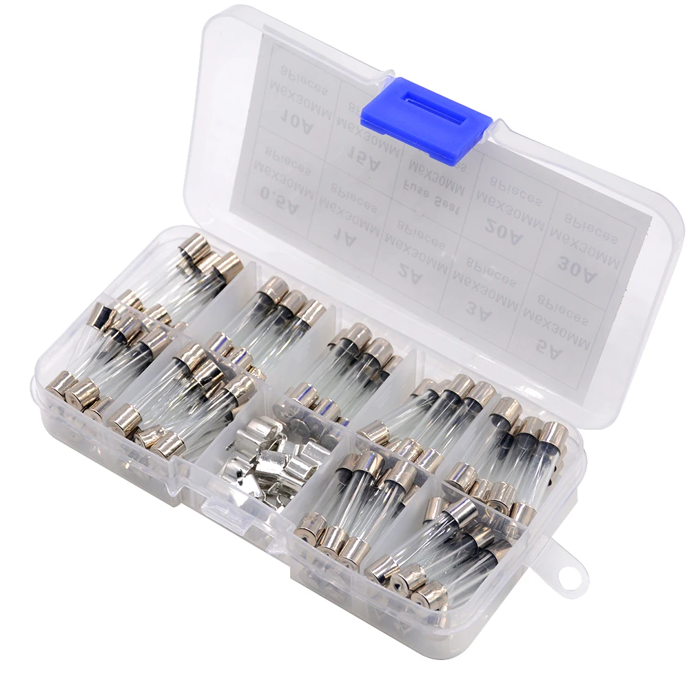 72PCS/LOT 6x30 6*30 mm Fast-blow Glass Fuses Assorted Kit 250V 0.5A 1A 2A 3A 5A 10A 15A 20A 30A AMP Tube Fuses