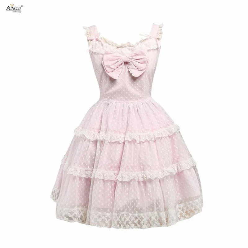 Casual/Birthday/Party Middle-Long Dress Ainclu Womens Light Pink Tulle Bow Cute Sweet Lolita Jumper Skirt XS-XXL Free Shipping