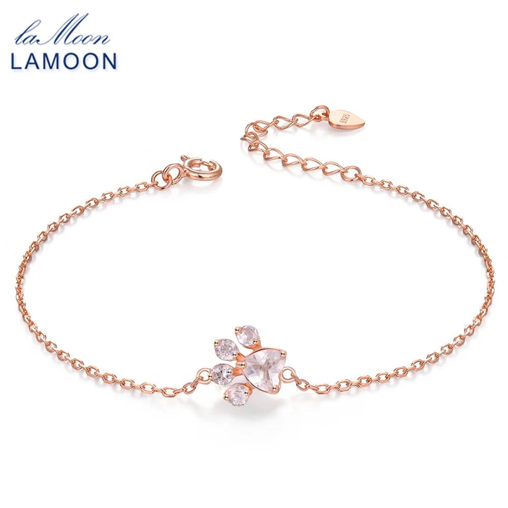 LAMOON- Paw 5X5.5mm 100% Natural Heart Pink Rose Quartz 925 Sterling Silver Jewelry  Chain Charm Bracelet S925 LMHI005